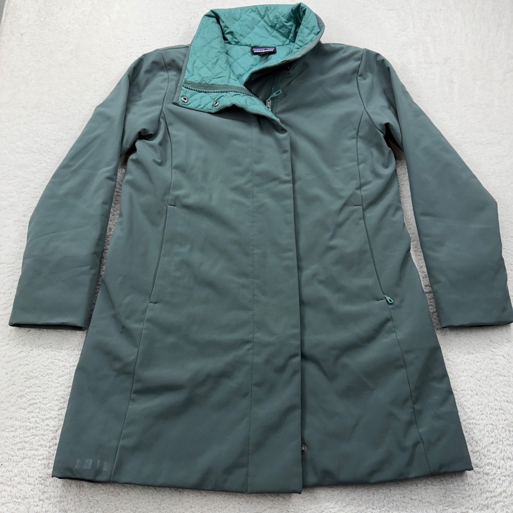 Patagonia Quilted Collar Insulated Trench Coat Women's Size S Green Snap Button